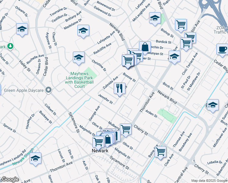 map of restaurants, bars, coffee shops, grocery stores, and more near 36593 Leone Street in Newark