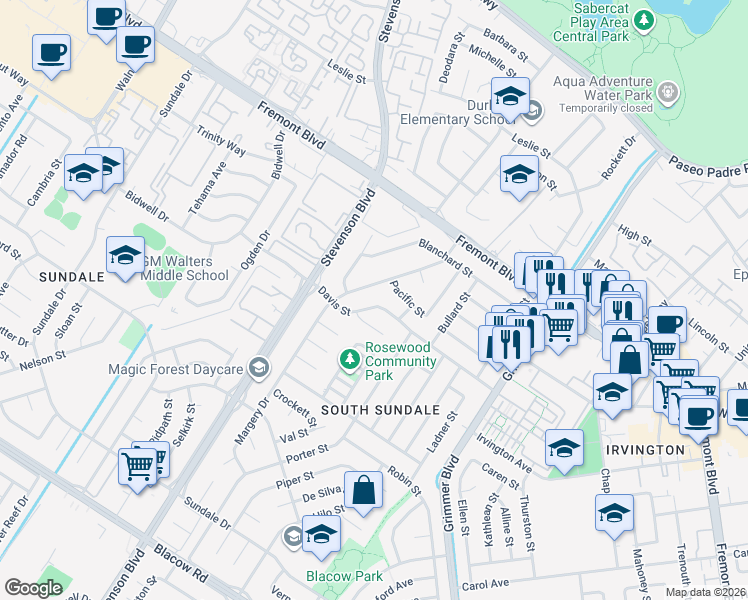 map of restaurants, bars, coffee shops, grocery stores, and more near 40232 Davis Street in Fremont
