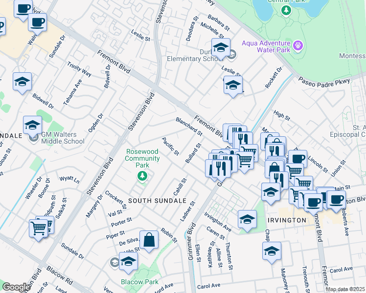 map of restaurants, bars, coffee shops, grocery stores, and more near 4167 Hawkins Street in Fremont