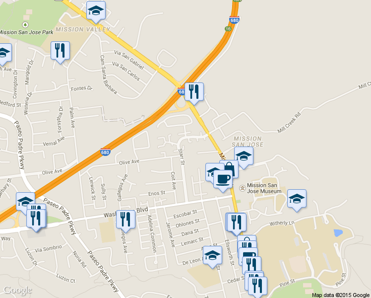 map of restaurants, bars, coffee shops, grocery stores, and more near 43110 Starr Street in Fremont