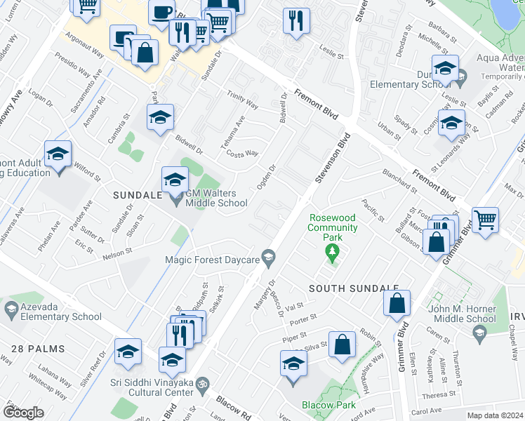 map of restaurants, bars, coffee shops, grocery stores, and more near 4445 Stevenson Boulevard in Fremont