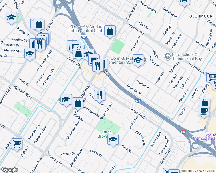 map of restaurants, bars, coffee shops, grocery stores, and more near 37900 Cedar Boulevard in Newark