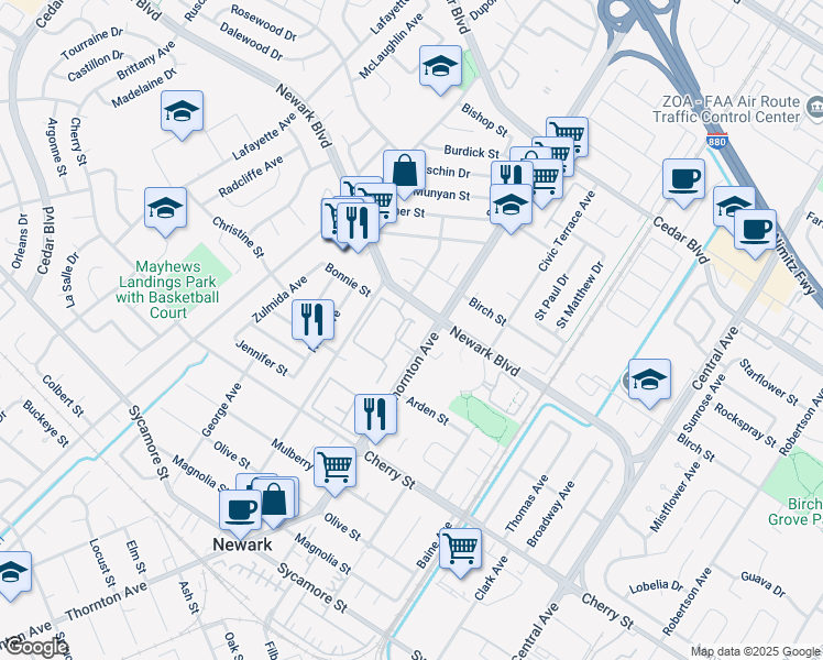 map of restaurants, bars, coffee shops, grocery stores, and more near 6119 Thornton Avenue in Newark
