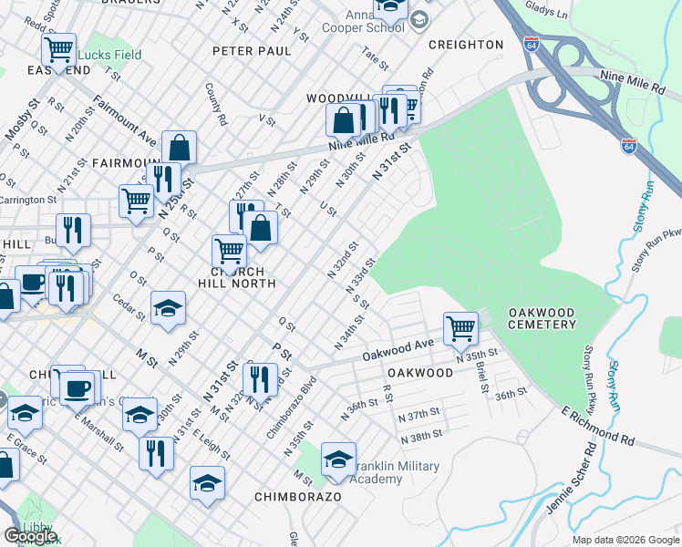 map of restaurants, bars, coffee shops, grocery stores, and more near 1303 North 33rd Street in Richmond