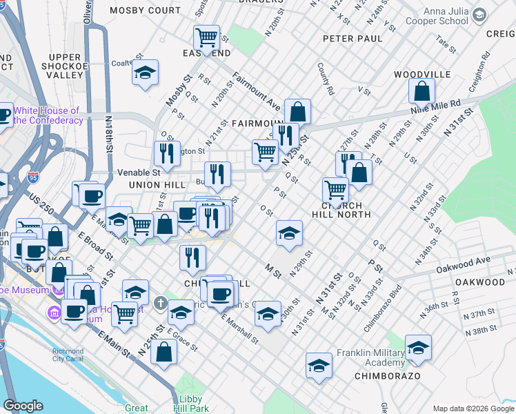 map of restaurants, bars, coffee shops, grocery stores, and more near 816 North 26th Street in Richmond