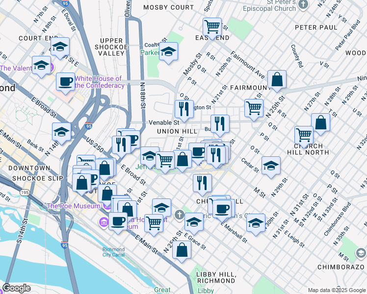 map of restaurants, bars, coffee shops, grocery stores, and more near 2100 M Street in Richmond