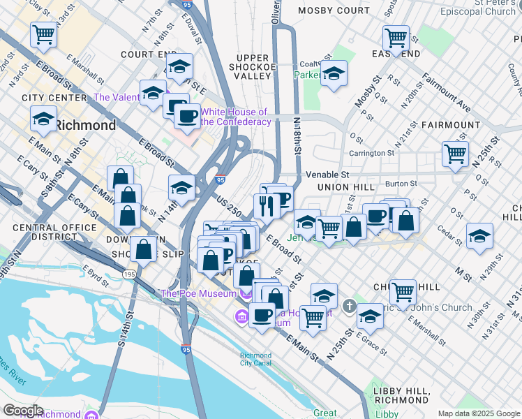 map of restaurants, bars, coffee shops, grocery stores, and more near 1710 East Broad Street in Richmond