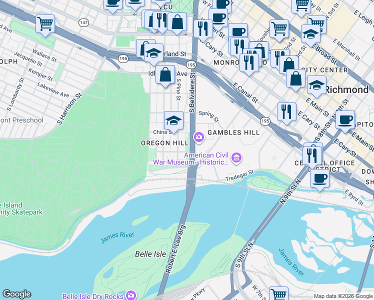 map of restaurants, bars, coffee shops, grocery stores, and more near 700 South Belvidere Street in Richmond