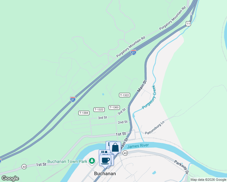 map of restaurants, bars, coffee shops, grocery stores, and more near 318 Bridge Street North in Buchanan