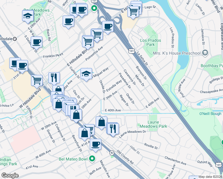 map of restaurants, bars, coffee shops, grocery stores, and more near 300 Estrella Way in San Mateo