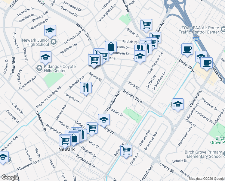 map of restaurants, bars, coffee shops, grocery stores, and more near 36913 Newark Boulevard in Newark