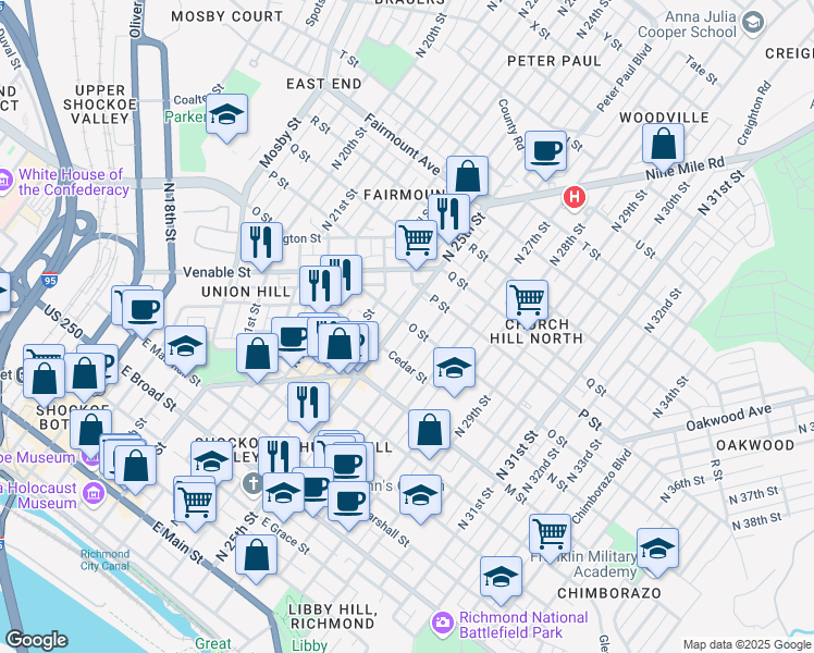 map of restaurants, bars, coffee shops, grocery stores, and more near 816 North 26th Street in Richmond