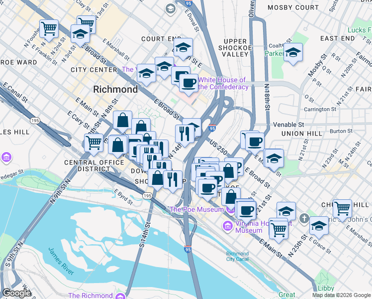 map of restaurants, bars, coffee shops, grocery stores, and more near 4 East Franklin Street in Richmond