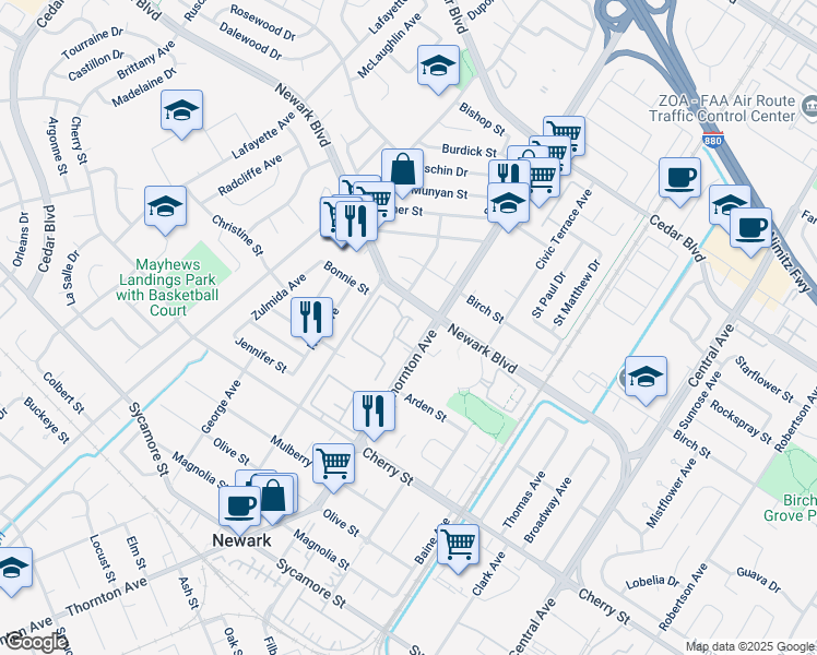 map of restaurants, bars, coffee shops, grocery stores, and more near 36913 Newark Boulevard in Newark