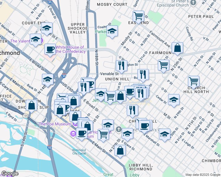 map of restaurants, bars, coffee shops, grocery stores, and more near 519 Mosby Street in Richmond