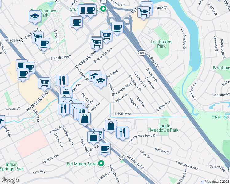 map of restaurants, bars, coffee shops, grocery stores, and more near 3816 Orinda Drive in San Mateo