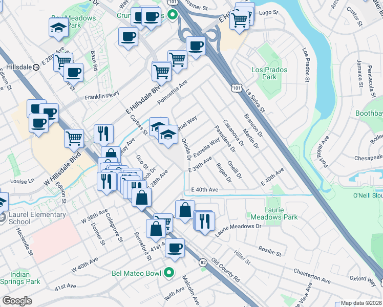 map of restaurants, bars, coffee shops, grocery stores, and more near 3816 Orinda Drive in San Mateo