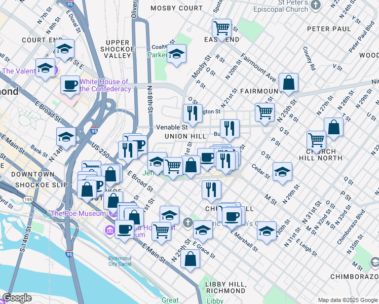 map of restaurants, bars, coffee shops, grocery stores, and more near 603 North 21st Street in Richmond