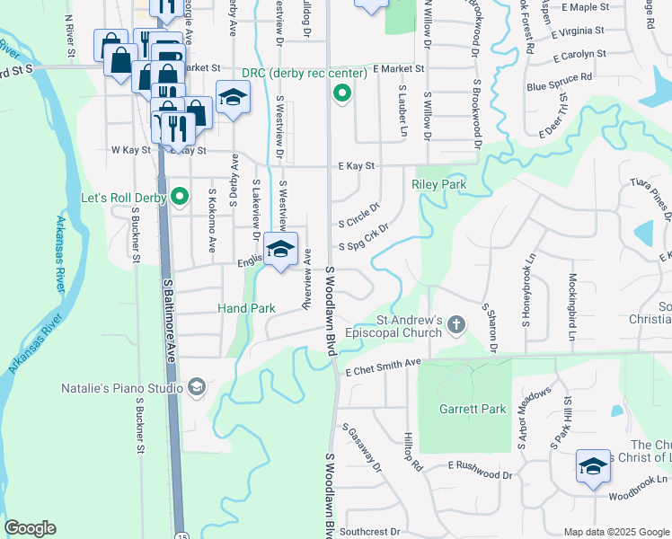 map of restaurants, bars, coffee shops, grocery stores, and more near 501 East English Court in Derby