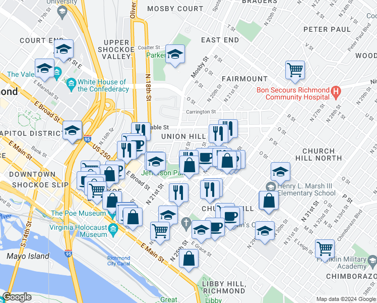 map of restaurants, bars, coffee shops, grocery stores, and more near 603 North 21st Street in Richmond