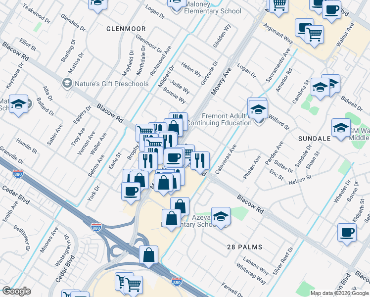 map of restaurants, bars, coffee shops, grocery stores, and more near in Fremont