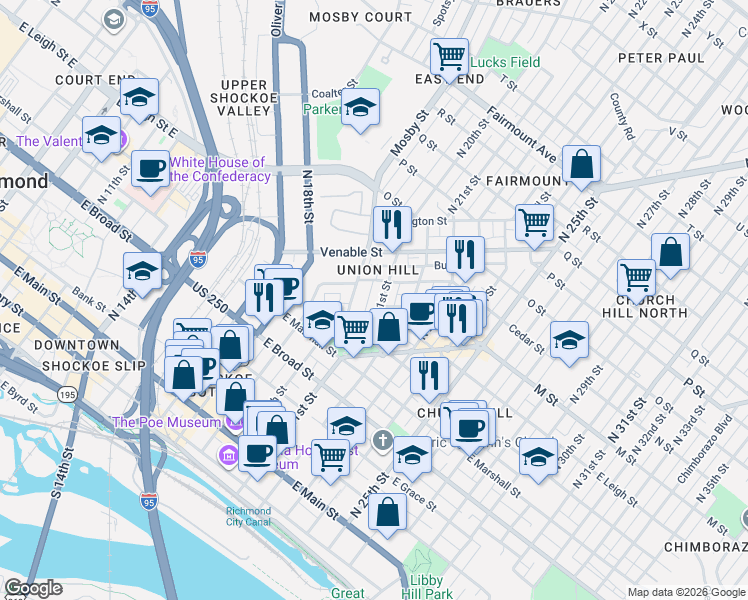map of restaurants, bars, coffee shops, grocery stores, and more near 2108 East Leigh Street in Richmond