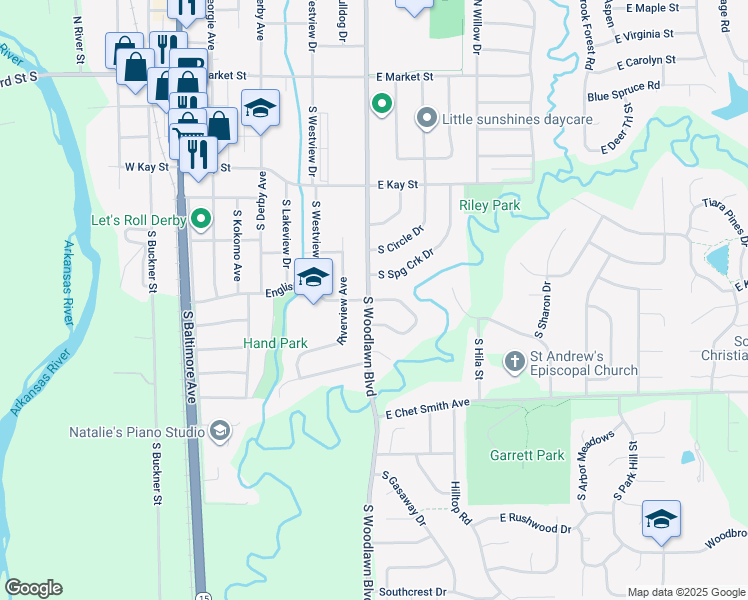 map of restaurants, bars, coffee shops, grocery stores, and more near 501 East English Court in Derby