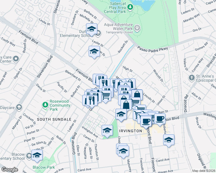 map of restaurants, bars, coffee shops, grocery stores, and more near 40587 Fremont Boulevard in Fremont
