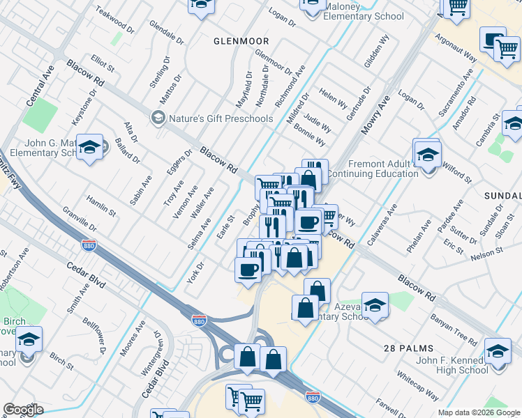 map of restaurants, bars, coffee shops, grocery stores, and more near 5115 Mowry Avenue in Fremont