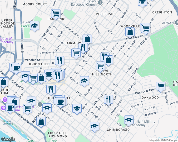 map of restaurants, bars, coffee shops, grocery stores, and more near 908 North 28th Street in Richmond