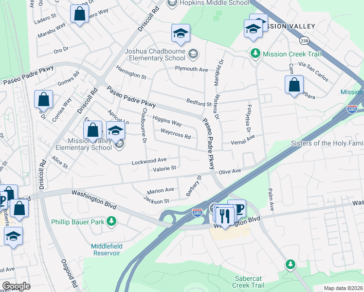 map of restaurants, bars, coffee shops, grocery stores, and more near Mento Drive in Fremont
