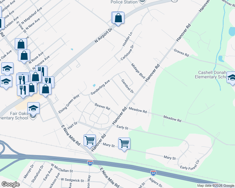 map of restaurants, bars, coffee shops, grocery stores, and more near 1452 Farley Court in Sandston
