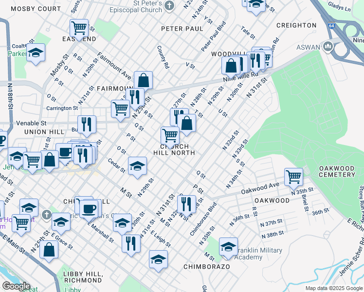 map of restaurants, bars, coffee shops, grocery stores, and more near 1110 1/2 North 30th Street in Richmond