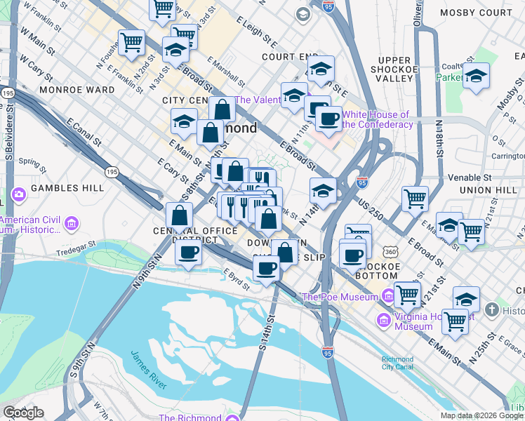 map of restaurants, bars, coffee shops, grocery stores, and more near East Main Street & South 12th Street in Richmond