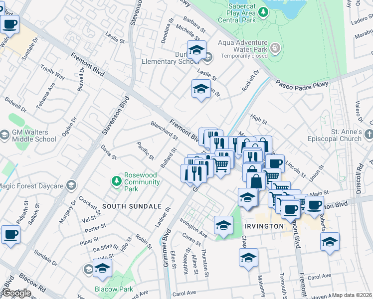map of restaurants, bars, coffee shops, grocery stores, and more near 40453 Foster Street in Fremont