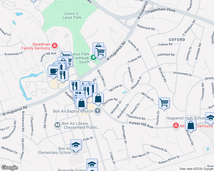 map of restaurants, bars, coffee shops, grocery stores, and more near 8671 McCaw Drive in Richmond