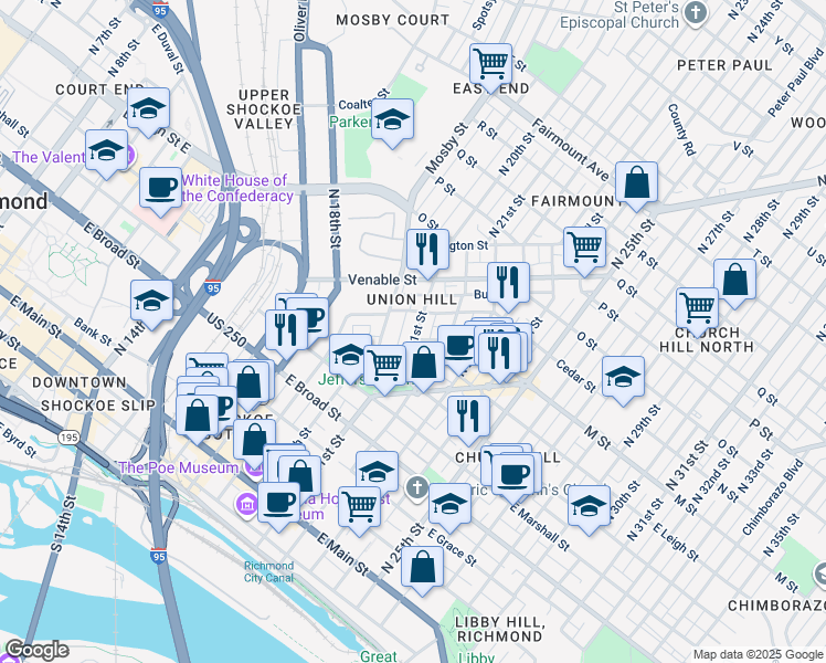 map of restaurants, bars, coffee shops, grocery stores, and more near 604 North 21st Street in Richmond