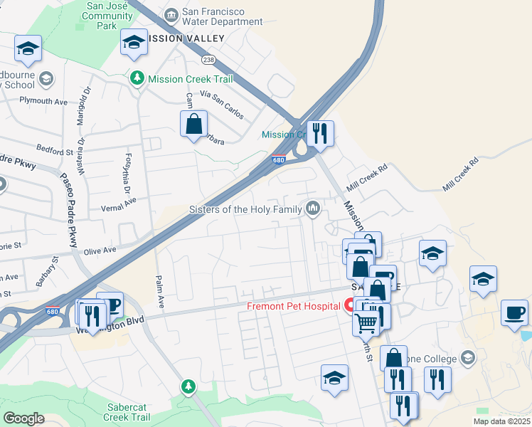 map of restaurants, bars, coffee shops, grocery stores, and more near 42973 Vía Valparaiso in Fremont