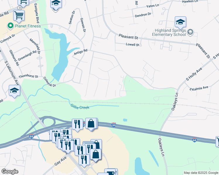map of restaurants, bars, coffee shops, grocery stores, and more near 5420 Mason Manor Drive in Richmond