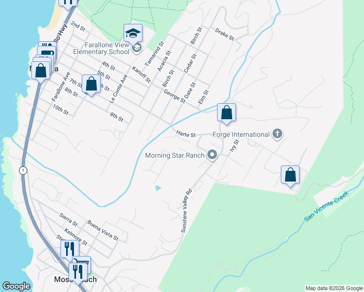 map of restaurants, bars, coffee shops, grocery stores, and more near 935 Irving Street in Montara