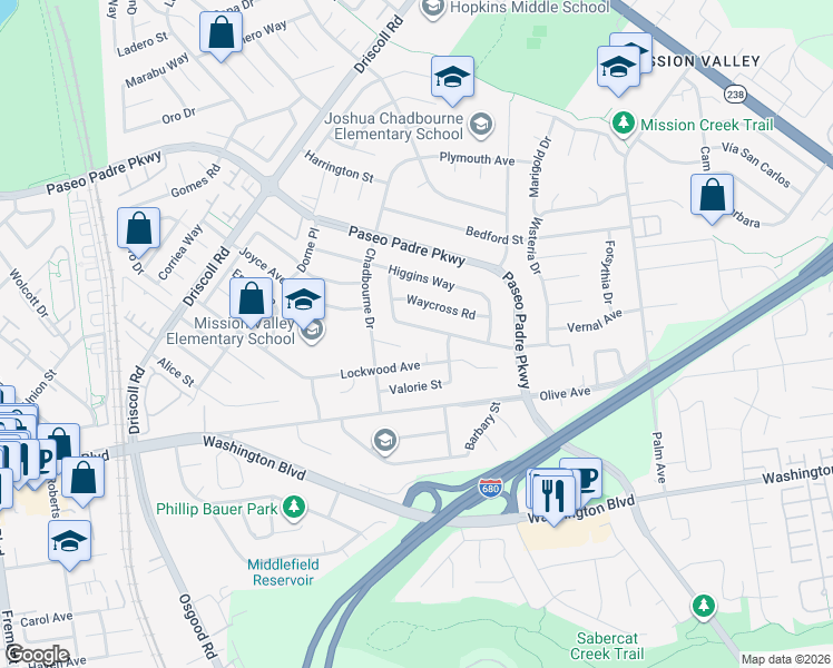 map of restaurants, bars, coffee shops, grocery stores, and more near 2046 Waycross Road in Fremont