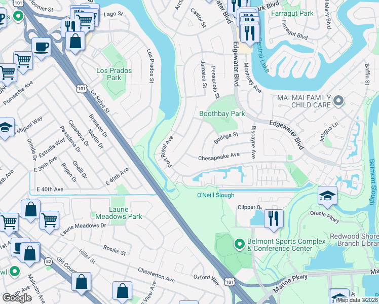 map of restaurants, bars, coffee shops, grocery stores, and more near 231 Boothbay Avenue in Foster City