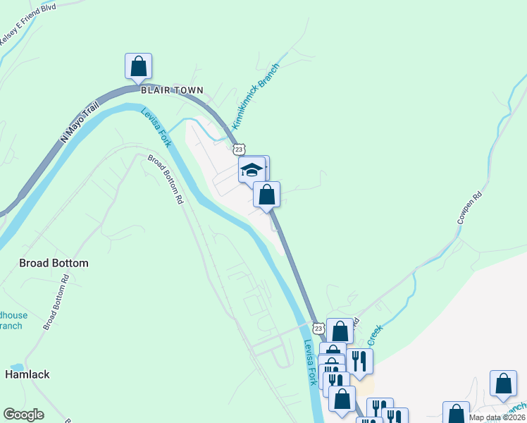 map of restaurants, bars, coffee shops, grocery stores, and more near Ratliff Road in Pikeville
