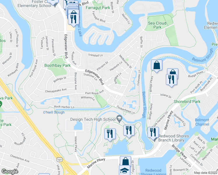 map of restaurants, bars, coffee shops, grocery stores, and more near 501 Saint Thomas Lane in Foster City
