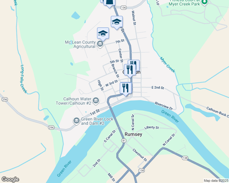 map of restaurants, bars, coffee shops, grocery stores, and more near 219 Poplar Street in Calhoun
