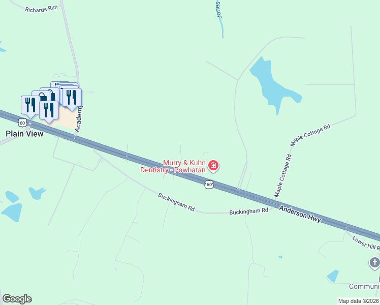 map of restaurants, bars, coffee shops, grocery stores, and more near 2118 Wood Flower Road in Powhatan