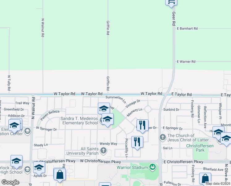 map of restaurants, bars, coffee shops, grocery stores, and more near 604 West Taylor Road in Turlock