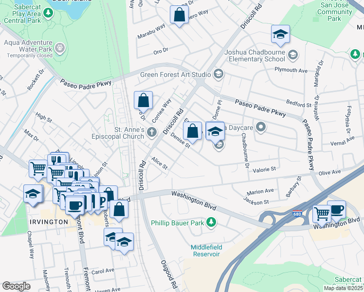 map of restaurants, bars, coffee shops, grocery stores, and more near 41234 Denise Street in Fremont