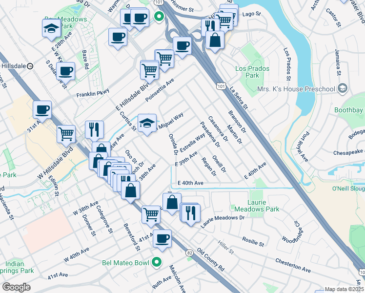 map of restaurants, bars, coffee shops, grocery stores, and more near 304 Del Rosa Way in San Mateo