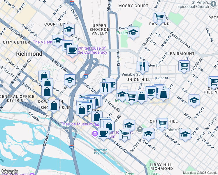 map of restaurants, bars, coffee shops, grocery stores, and more near 1709 East Clay Street in Richmond